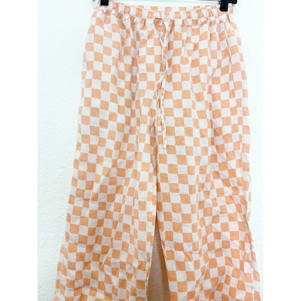 Holiday Emma Mulholland Orange Checkered Linen Pants Size Small Wide Leg - Picture 8 of 13